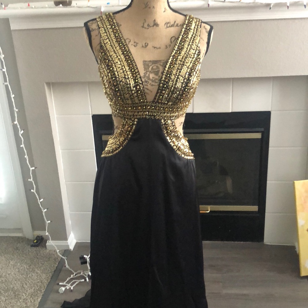 Gold sequin and black maxi dress